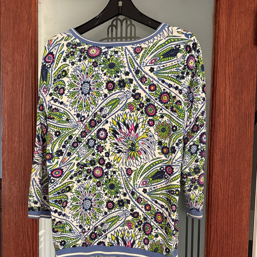 Talbots Vibrant Patterned Cardigan With Blue Trim - image 3